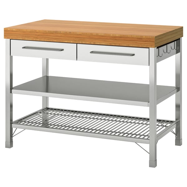 RIMFORSA bamboo kitchen island with steel frame, drawers, hooks, and shelves.