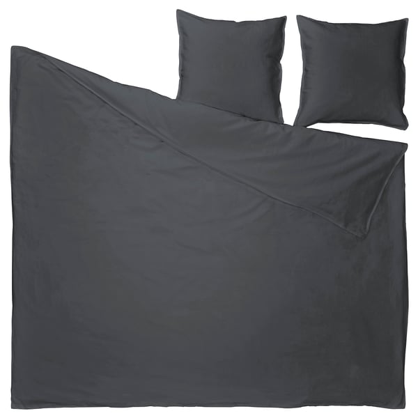 RUNDHAGTORN duvet set in anthracite: 1 large square cover, 2 square pillows; soft linen-cotton blend.