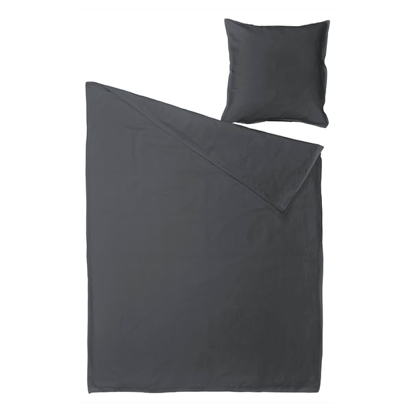 A grey duvet cover set with a pillowcase, neatly arranged, featuring a zip closure, made from a blend of linen and cotton.