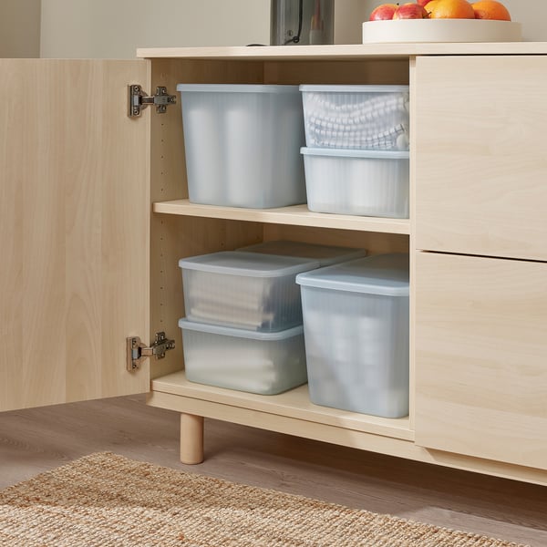 Wooden cabinet with transparent storage boxes, ideal for organising small items and keeping them visible and dust-free.