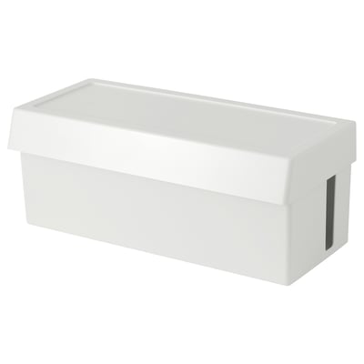 A white plastic storage box named SÄTTING, designed to hide and organise cables and chargers.