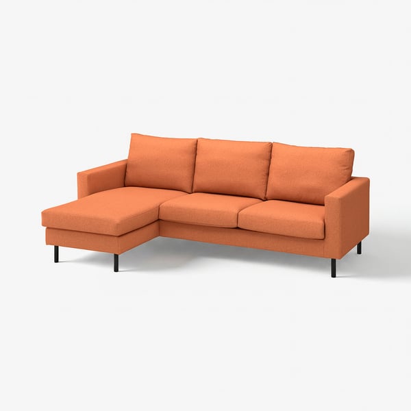 Bright orange, l-shaped sofa with wooden legs, modern minimalist design, supportive cushions.