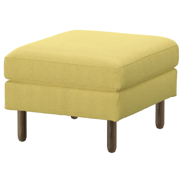 Bright yellow cushioned stool with wooden legs, perfect for extra seating or resting feet.