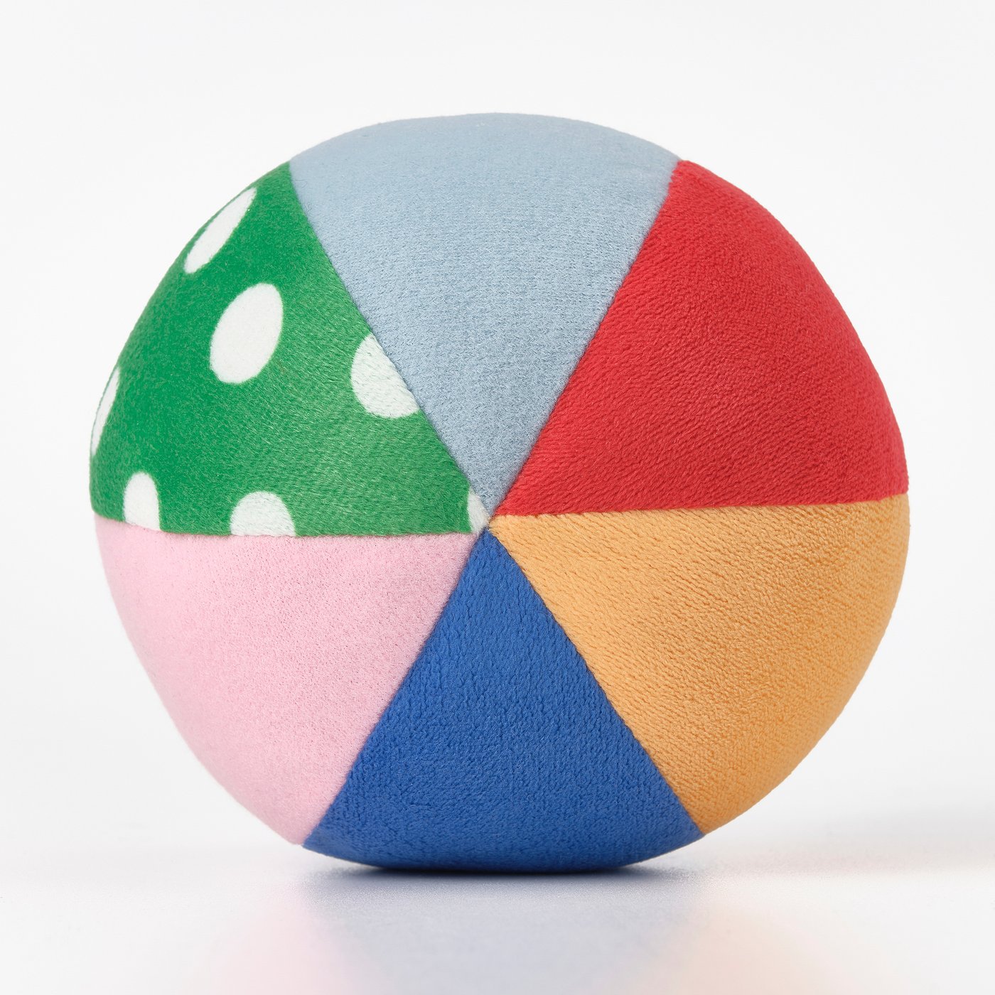 Colourful, soft toddler ball with distinct sections, vibrant patterns, and gentle rattle sound, promoting sensory play.