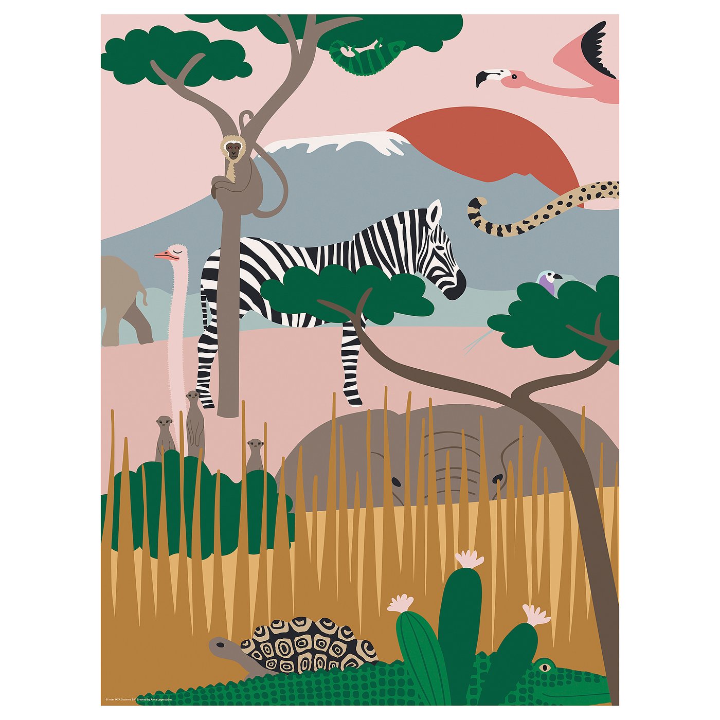 Illustrated savannah poster, featuring zebra, monkey, meerkats, flamingos, cheetah, and crocodile.