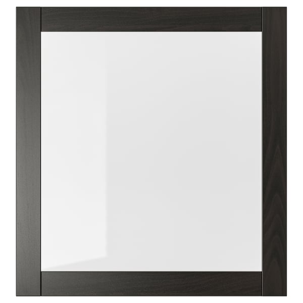A SINDVIK black-brown cabinet with a clear glass front. It a modern, simple design and is made of fibreboard and tempered glass.