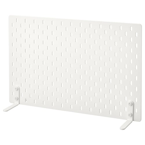 SKÅDIS white freestanding pegboard divider, rectangular, with adjustable legs, featuring multiple holes for hanging items.