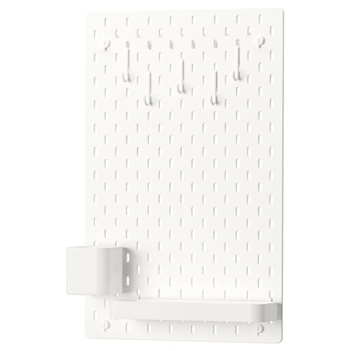 SKÅDIS white pegboard with metal fixtures, rectangular shape, organising system.
