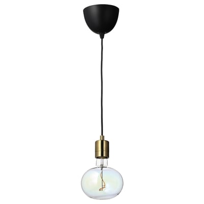 Modern pendant lamp with brass socket, multicoloured led bulb, and soap bubble effect.
