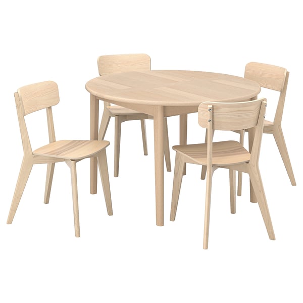 Light wooden round dining table with 4 matching chairs, minimalist design, perfect for small spaces.