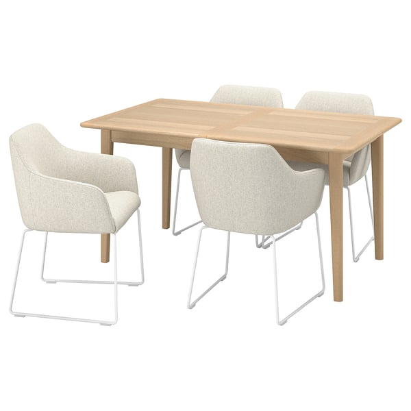 The SKANSNÄS set a light wood dining table and four upholstered chairs with armrests, combining modern design with comfort.