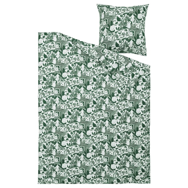 SKOGSDUVA green duvet set: hedgehog tea-party design, soft cotton/viscose, includes duvet & pillowcase.