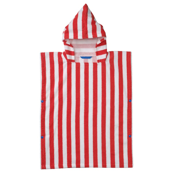 Red and white striped bath poncho with hood, made of cotton, perfect for kids after bath.