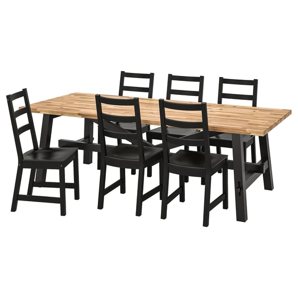SKOGSTA: modern dining set with sturdy acacia table and black chairs. High backs, dark wood, lacquer finish. Great for heavy use.