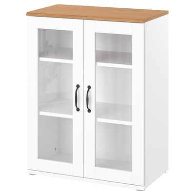 SKRUVBY white cabinet with glass doors, light wood top, modern and traditional blend, easy to assemble and clean.