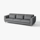 Modern grey fabric sofa, 3 seat cushions, wooden legs, minimalist design.