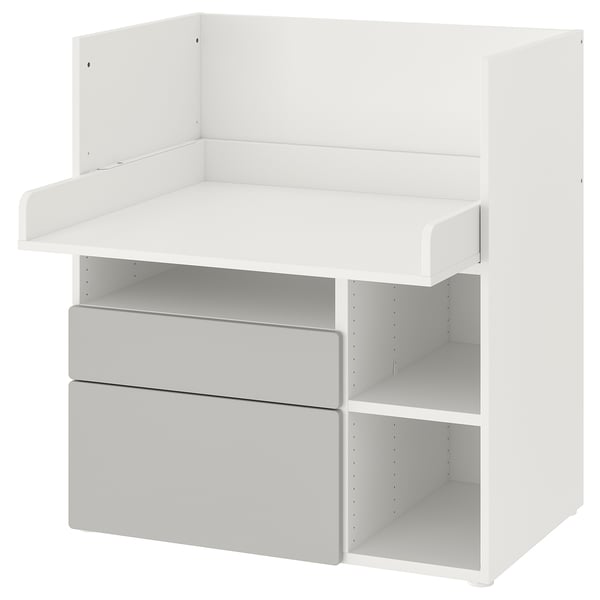 White SMÅSTAD desk, grey drawers, rectangular, modern design, functional kids furniture.