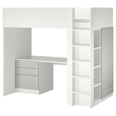 An ikea SMÅSTAD white loft bed set with desk, wardrobe, and shelves.