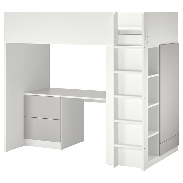 SMÅSTAD kids loft bed in white: bed, desk, wardrobe, minimalist.