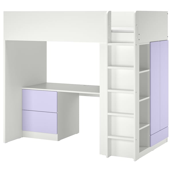 SMÅSTAD loft bed: white and lavender, wood, l-shape, with desk, shelves, storage.