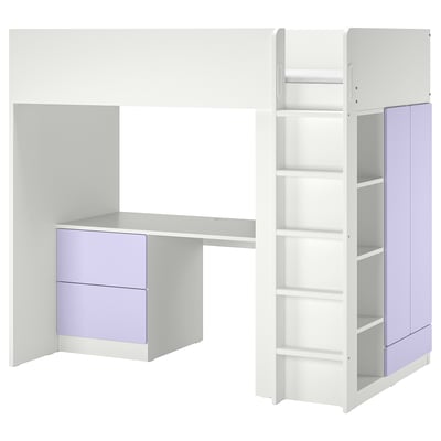 SMÅSTAD loft bed: white and lavender, wood, l-shape, with desk, shelves, storage.