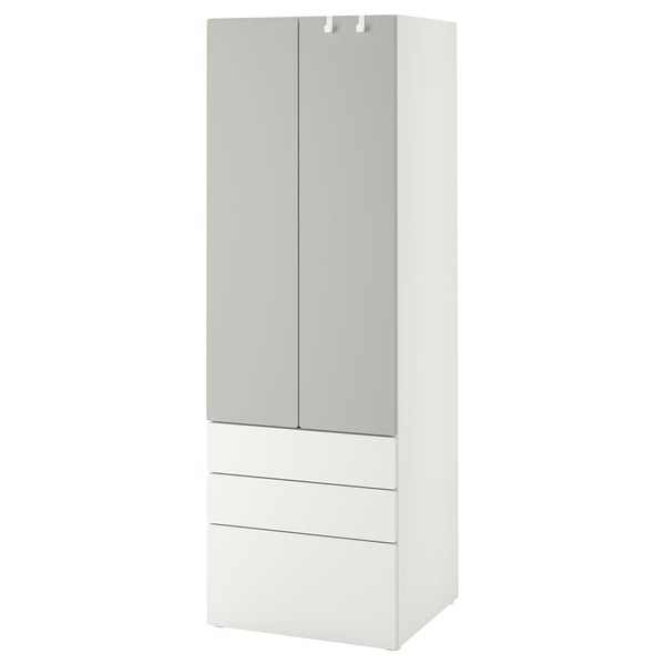 SMÅSTAD wardrobe, white, tall and slim with drawers, ideal for kids, soft-closing doors.