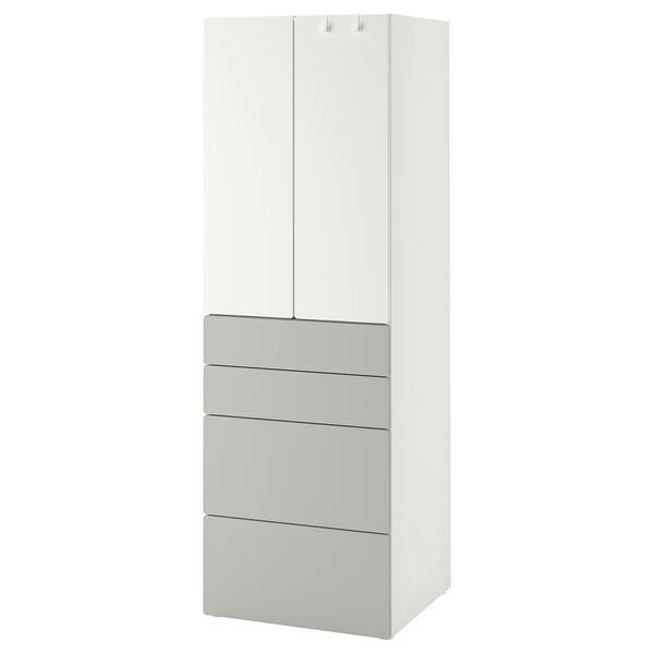 A SMÅSTAD wardrobe in white and grey, with drawers and hanging space for clothes.