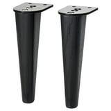 Two black SMEDSTORP furniture legs, tapered design, solid oak, sleek, modern, with metal fittings.