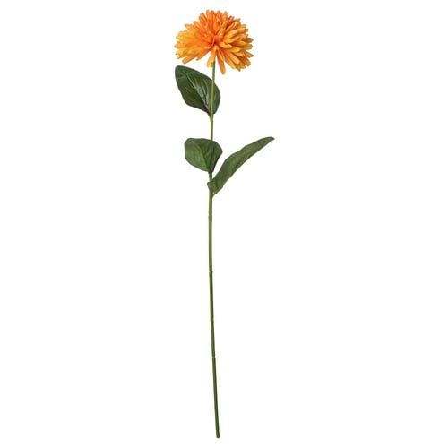 Orange artificial flower with green leaves and stem. Realistic design, made from recycled plastic.