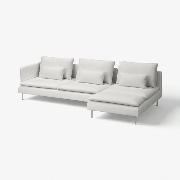 Modern white l-shaped sectional sofa with plush cushions and sleek metal legs.