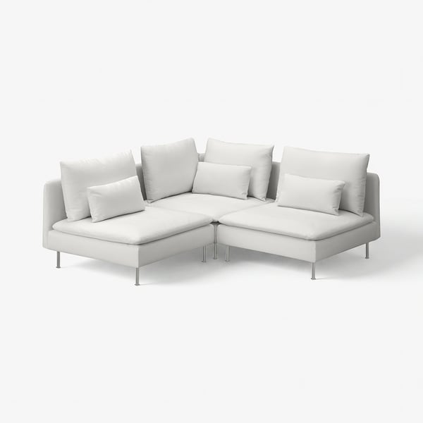 Modern white l-shaped sectional sofa with removable cushions and metal legs.