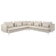 Modern sectional sofa, light beige, angular design, metal legs, deep cushions.