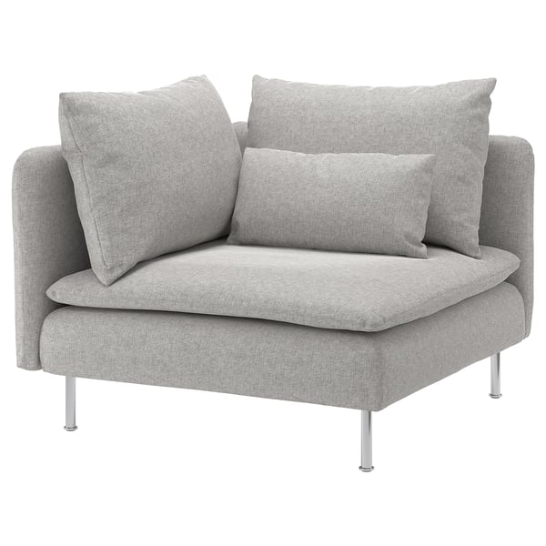 A grey SÖDERHAMN chair with a soft, sleek design and metal legs, adorned with three matching cushions.