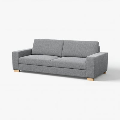 Grey SÖRVALLEN sofa, modern & minimalist, fabric-covered, three-seater, light wooden legs.