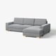 Modern grey l-shaped sofa, minimalist design, wood legs, comfortable, scandinavian style.