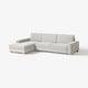 Modern light grey l-shaped sofa, scandinavian design, light wooden legs, minimalist style.