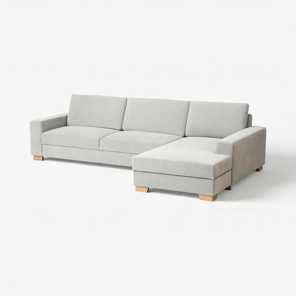 Light grey SÖRVALLEN sofa with chaise, minimalist design, wooden legs, clean lines.
