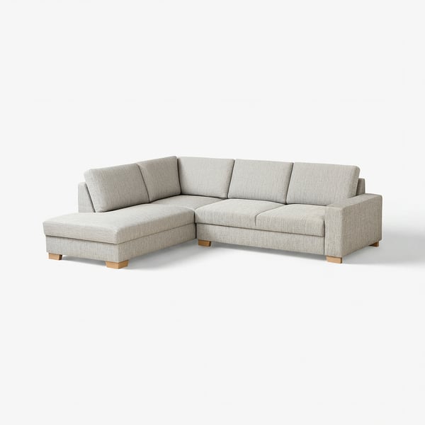Grey SÖRVALLEN sectional sofa, 2-seat w/chaise, modern scandinavian design, light wood legs.