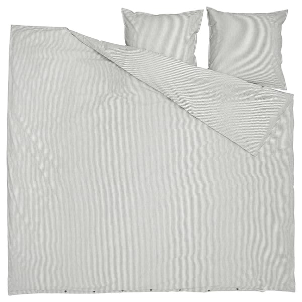 A SOLFIBBLA duvet cover set. It is grey with white stripes. The set includes a duvet cover and pillowcases. The cover is square, made of 100% cotton.