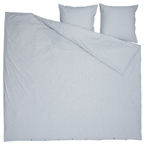 Blue and white striped bedding set: duvet cover, flat sheet, and two pillowcases. Made from 100% cotton. Rectangular shape, thin horizontal stripes.