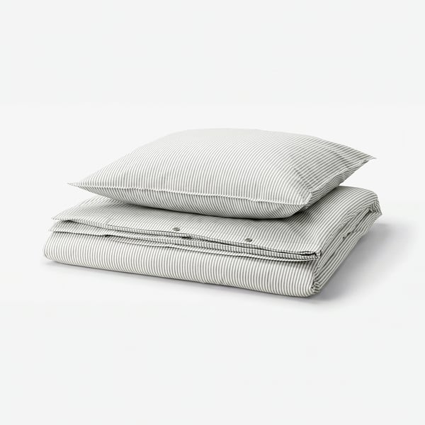 Striped grey & white duvet & pillow set, rectangular, subtle stripes on soft cotton.