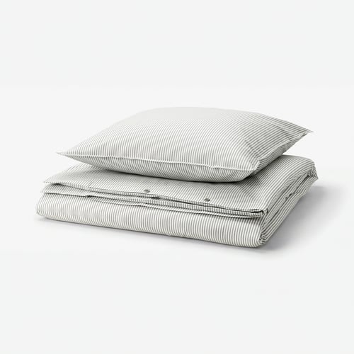 Striped grey & white duvet & pillow set, rectangular, subtle stripes on soft cotton.