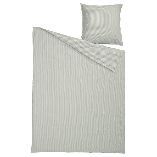Striped SOLFIBBLA bed cover set, black on white, 100% recycled cotton, rectangular, simple lines.