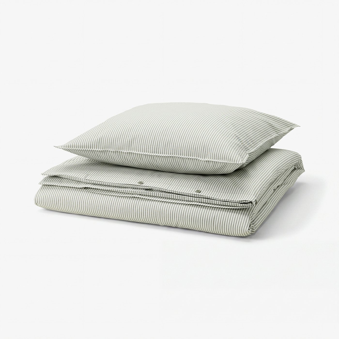 A SOLFIBBLA duvet set with green and white stripes, made of 100% cotton, neatly folded, square shape.