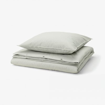 A SOLFIBBLA duvet set with green and white stripes, made of 100% cotton, neatly folded, square shape.