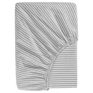 Striped grey cotton fitted sheet, recycled content, rectangular with elastic edging.