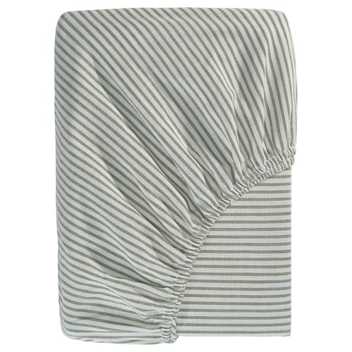Green and white striped bed sheet, rectangular, made of recycled cotton.