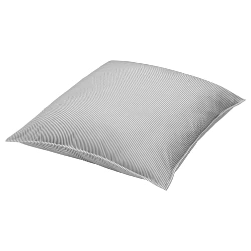 A grey and white striped square cushion, featuring a soft, recycled cotton material. The cushion has a simple, modern design.