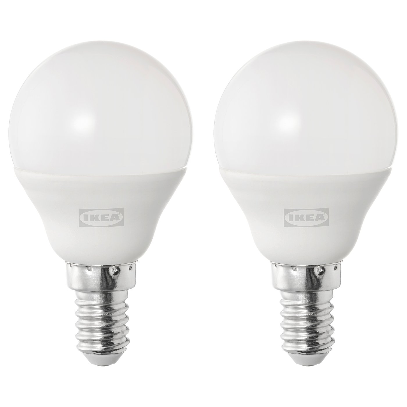 Two identical round SOLHETTA led bulbs in white colour, made of plastic and aluminium, standing side by side.