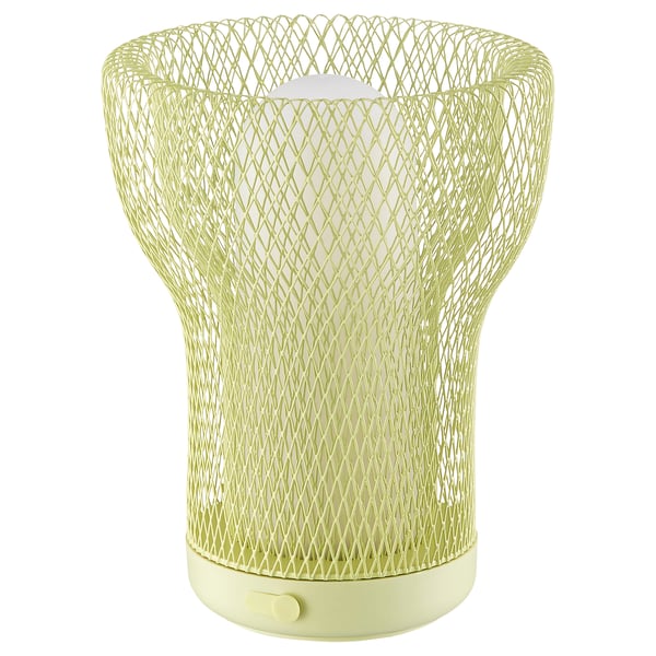 A yellow SOLVINDEN lamp with a mesh shade, round base, and modern design.